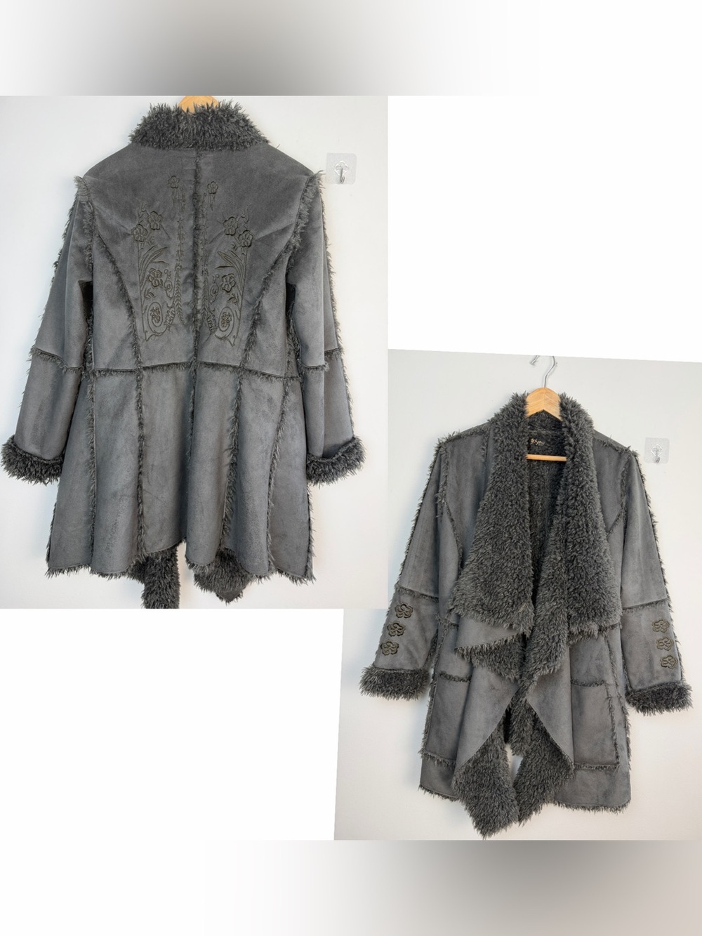 Johnny Was BIYA Shearling Faux Suede Embroidered Coat Hippie Boho XS Long Jacket